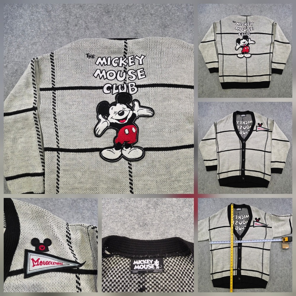 Disney Sweater Mens Large Gray Mickey Mouse Club Cardigan Graphic Knit V Neck